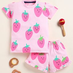 Little Marine Cotton Knit Half Sleeves Strawberries Printed Tee With Coordinating Shorts Set - Pink-image-98