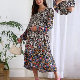 Shades of Sabi Moss Crepe Full Puffed Sleeves Floral Printed Maternity Dress With Nursing Access - Navy Blue-image-5