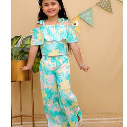 AJ Dezines Cotton Woven Cold Shoulder Sleeves Floral Printed Top & Coordinating Flared Pant Set - Blue-image-13