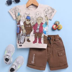 TOONYPORT Cotton Knit Half Sleeves Teddy Bears Printed Tee & Shorts Set - Brown-image-60