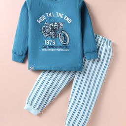 CUCUMBER Sinker Knit Full Sleeves Night Suit With Motorcycle Print - Blue-image-115