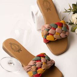 Shoetopia Cable Knit Designed Colour Blocked Slip On Sandals - Tan-image-89