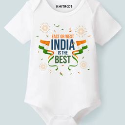 KNITROOT Cotton Lycra Knit Independence Day Theme Half Sleeves East Or West India Is The Best Text Printed Onesie - White-image-34
