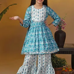 Sangria Girls Sky Blue Ethnic Motifs Printed Round Neck Kurta With Sharara-image-62