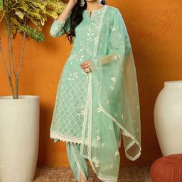 KALINI Floral Embroidered Organza Straight Kurta With Dhoti & Dupatta-picture-11