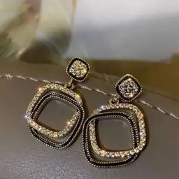 CareDone Korean Gold-Plated Rhinestone Studded Square Shaped Drop Earrings-picture-4