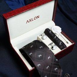 Axlon Men Animal Printed Tie, Cufflinks, Flower Pin & Pocket Square Accessory Gift Set-43