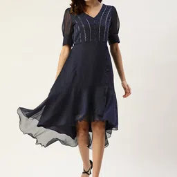 Antheaa Navy Blue Chiffon A-Line Midi Dress-image-30