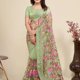 Celeb Styles Floral Embroidered Net Saree-image-82