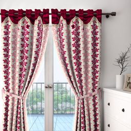 Cortina Set of 2 Off-White & Burgundy Leaf Print Room Darkening Door Curtains-43