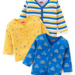 Babyhug 100% Cotton Knit Full Sleeves Striped & Text Printed Antibacterial Vests Pack of 3 - Blue & Yellow-image-50