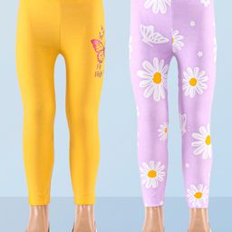 Honeyhap Premium Cotton Elastane Single Jersey Full Length Floral Printed Leggings with Bio Finish Pack Of 2 - Lavendula & Banana Yellow-12