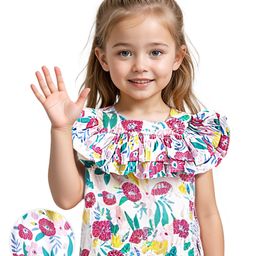 Babyhug Rayon Woven Half Sleeves Floral Print Top with Frill Detailing - White-image-42