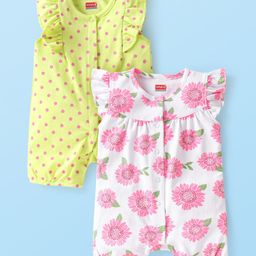 Babyhug 100% Cotton Knit Half Sleeves Rompers Polka Dot and Floral Print Pack of 2 - White & Green-image-72