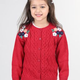 Babyhug Knitted Full Sleeves Front Open Floral Embroidered & Cable Knit Designed  Sweater - Coral-image-42