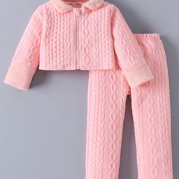 Kookie Kids Full Sleeves Collared Front Zipper Winter Wear Co-Ord Suit With Cable Knit Design - Pink-image-42