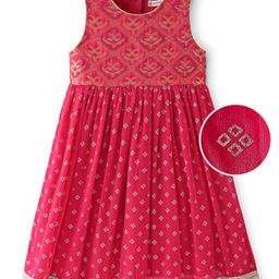 EARTHY TOUCH Brocade Woven Sleeveless Foil Printed Ethnic Dress With Lace Hem - Pink-image-27