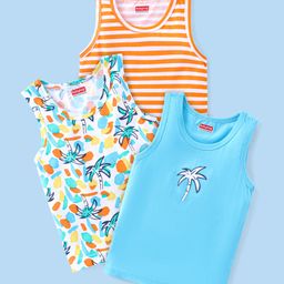 Babyhug 100% Cotton Single Jersey Knit Sleeveless Sandos with Stripes & Tropical Theme Print Pack of 3 - Orange & Blue-image-100