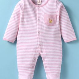 ToffyHouse 100% Cotton Knit Full Sleeves Striped Footed Front Open Romper with Pocket Detailing - Pink-image-23