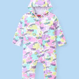 Babyhug 100% Cotton Knit Full Sleeves Hooded Front Open Romper with Text & Rainbow Print - White Pink & Blue-image-26