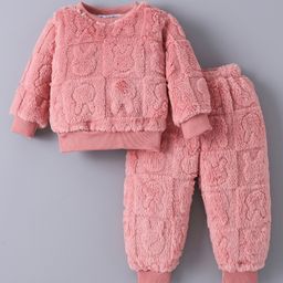 Kookie Kids Full Sleeves Solid Winter Wear Co-Ord Set - Pink-image-75