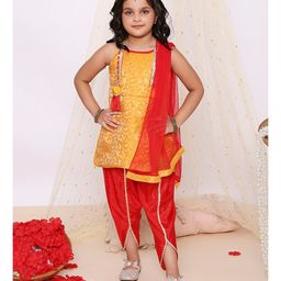 KID1 Jacquard Sleeveless Floral Swirl Printed Lace Embellished Kurta Dhoti Set - Yellow & Red-image-97