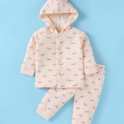 Tango Fleece Knit Full Sleeves Hooded Front Open Winter Night Suit With Animals Print - Cream-image-77