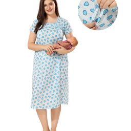 Piu Cotton Half Sleeves Penguin Printed Feeding Nighty With Concealed Zipper Nursing Access - Blue-image-85