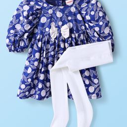 Babyhug Cotton Woven Three Fourth Sleeves Leaf Printed Dress With Bow Applique & Stockings - Navy Blue-image-94
