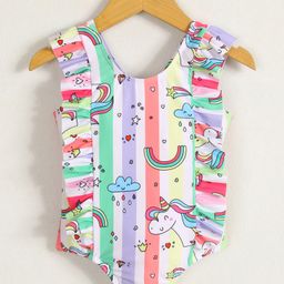 Mark & Mia Sleeveless V Cut Swimsuit with Unicorn Print with Frill Detailing - Pink & Purple-image-50