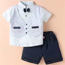 Mini Taurus Cotton Knit Half SleevesShirt & Shorts Set With Attached Waistcoat & Bow Applique - Navy Blue-image-14