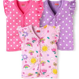 Babyhug 100% Cotton Interlock Knit Front Open Half Sleeves Vests With Polka Dots & Heart Print Pack Of 3 - Pink & Purple-image-36