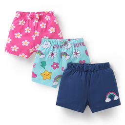 Babyhug Cotton Single Jersey Knit Mid Thigh Floral & Rainbow Printed Shorts with Bow Applique Pack of 3 - Pink Light & Navy Blue-image-77