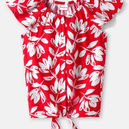 Babyhug Rayon Woven Cap Sleeves Front Open Top With Floral Print & Knot Detailing - Red-image-77