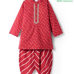 Babyoye100% Cotton Woven Full Sleeves Dhoti Kurta Set with Bandhani Print - Red-image-77