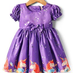 Babyhug Woven Half Sleeves Party Dress With Unicorn Print & Bow Applique - Purple-image-46