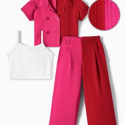 OLLINGTON ST. Knit Co-ords Waffle Jacket & Culotte Pant with Inner Rib Top - Red & Dark Pink-picture-18