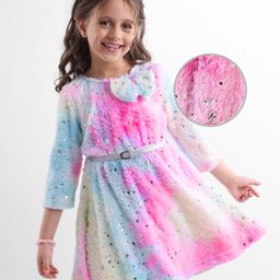 Hola Bonita Knit Full Sleeves Fur Party Dress With Foil Star Print & Belt - Multicolor-image-59