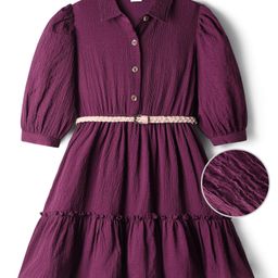 Hola Bonita Woven Three Fourth Sleeves Solid Color Collared Dress with Belt - Burgundy-image-89
