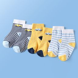 Doodle Poodle Cotton Knit Ankle Length Socks With Stripes & Car Design Pack of 3 - White Yellow & Blue-picture-27