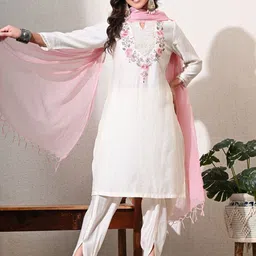 MEESAN Women Yoke Design Regular Thread Work Chanderi Silk Kurta with Dhoti Pants & With Dupatta-picture-8