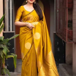 GHAN SALS Women Yellow Ethnic Motifs Zari Silk Blend Kanjeevaram Saree-picture-31