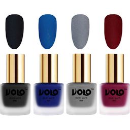 VOLO Set of 4 Velvet Matte Nail Polish-8 ml Each-Blue 5-Black 19-Grey 20-Carrot Red 25-4