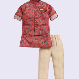 LITTLE COLLARS Boys Floral Printed Pure Silk Kurta with Pyjamas-image-9
