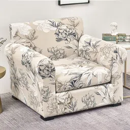 HOKIPO Beige & Black Printed 1 Seater Sofa Cover With Arms-picture-37