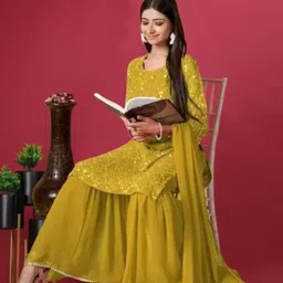PARROT CREATION Geometric Embroidered Sequinned Kurta with Sharara And Dupatta image 3