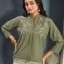 PEACH PIPER Floral Embroidered Mandarin Collar Shirt Style Cotton Top-picture-35