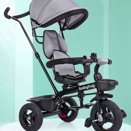 Babyhug Hermes Glider Plug & Play Trike with 360° Rotatable Seat & Parental Handle with Canopy Rubber Wheels & Storage Baskets with Bell - Black Grey-26