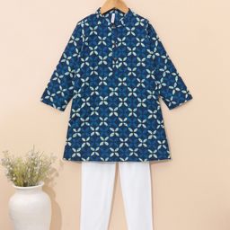 Babyhug Full Sleeves Ethnic Kurta Pajama - Blue (Print on Neck May Vary)-picture-22