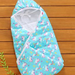 Babyhug 100% Cotton Hooded Quilted Wrapper Unicorn Print - Blue-image-54